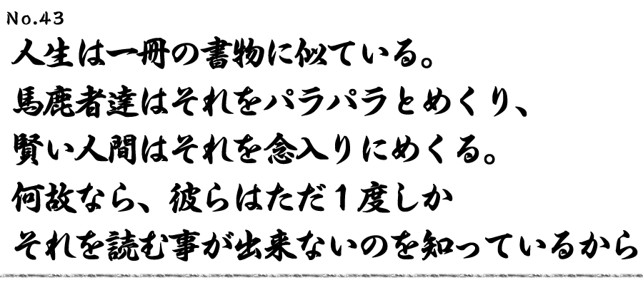人生は一冊の書物に似ている。馬鹿者達はそれをパラパラとめくり、 賢い人間はそれを念入りにめくる。何故なら、彼らはただ１度しか それを読む事が出来ないのを知っているから 
